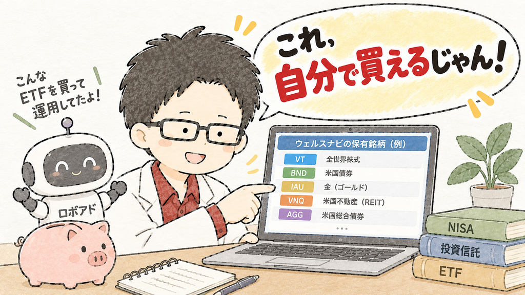 ロボアドバイザーの保有ETFをパソコンで調べ,同じETFを自分でも購入できると気づいたヌクレ博士のイラスト.