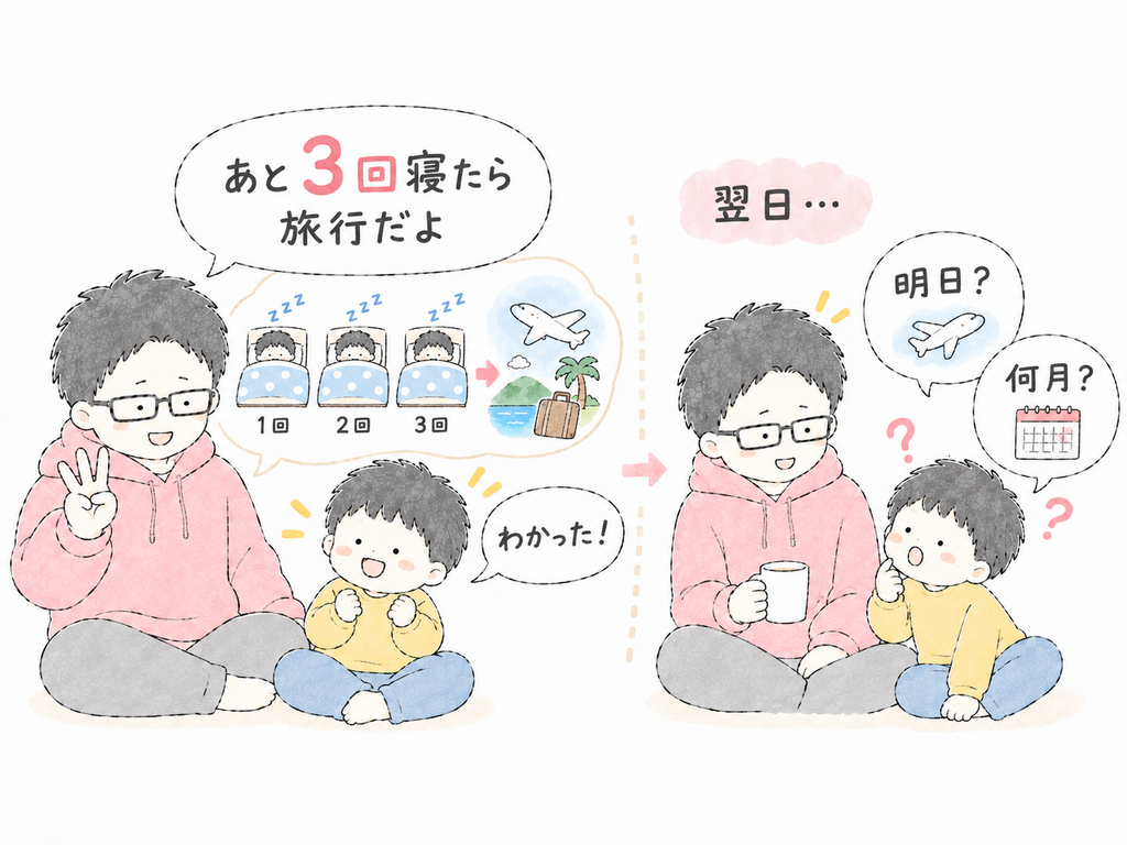 「あと3回寝たら旅行」と説明されても翌日にまた「明日?何月?」と聞くボス3歳のイメージ図