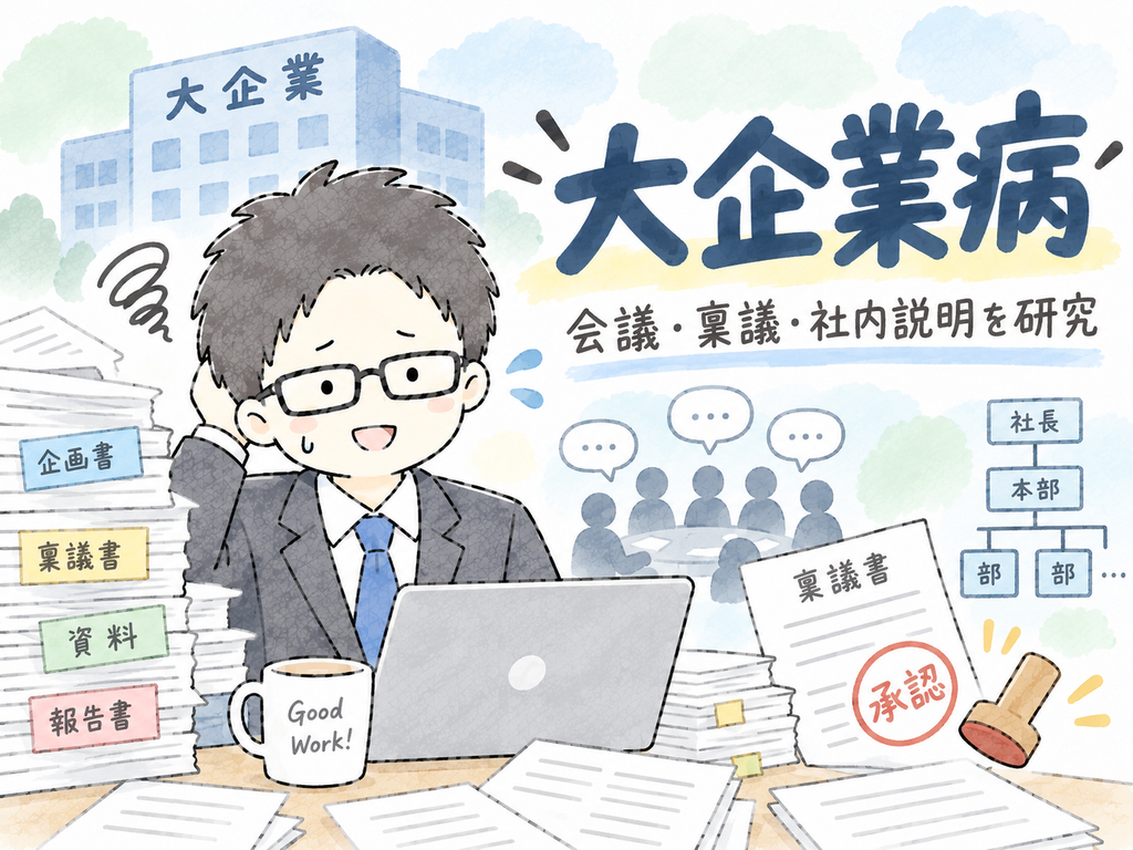 大量の書類と稟議書に囲まれたヌクレ博士を描いた「大企業病」のイラスト