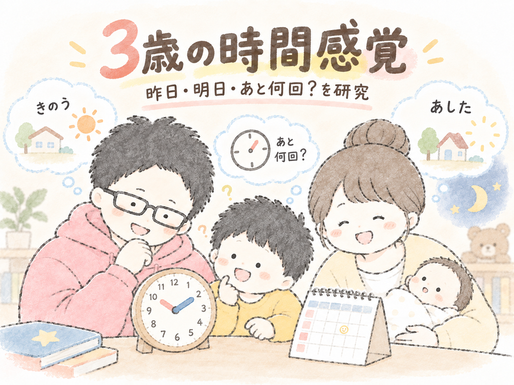 時計やカレンダーを前に,ボス3歳が「きのう」「あした」「あと何回?」を考えている様子を,家族みんなで見守る3歳の時間感覚をテーマにしたやさしい水彩イラスト