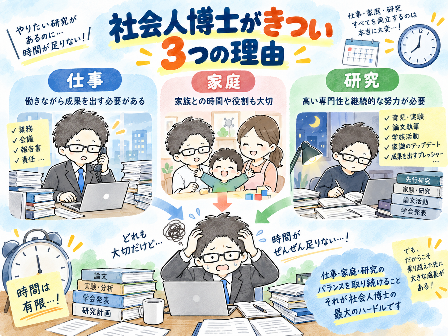社会人博士がきつい理由として,仕事・家庭・研究の3つの負担をそれぞれ図解し,時間不足や両立の難しさを示した水彩風インフォグラフィック