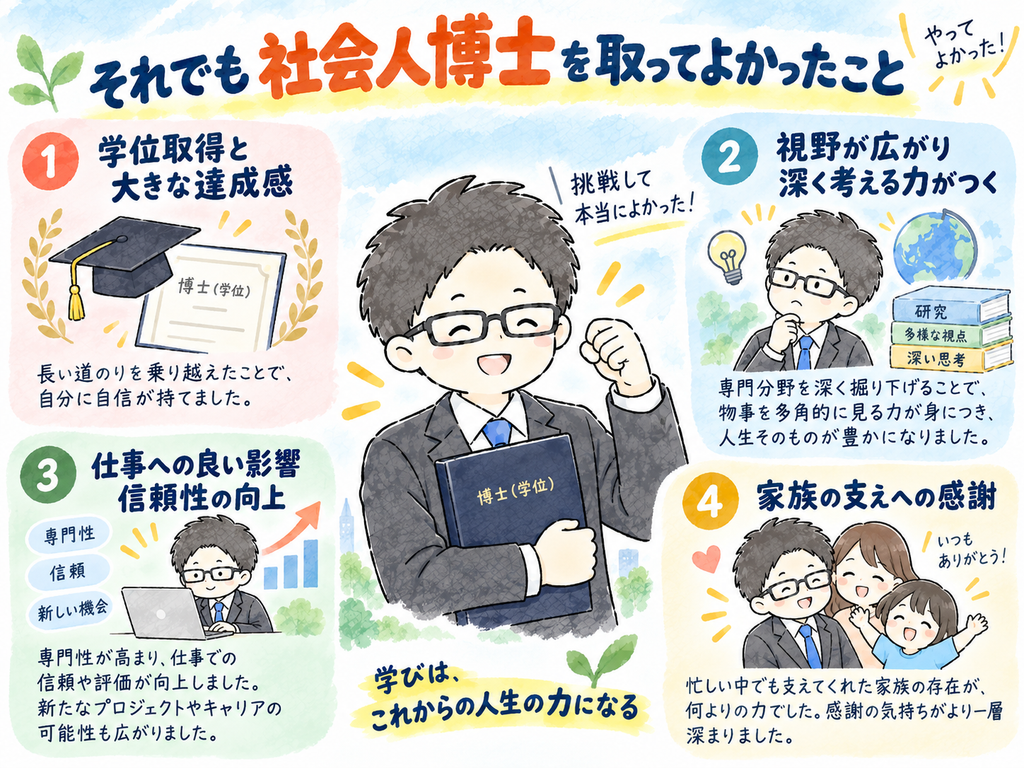社会人博士を取ってよかったこととして,学位取得の達成感,視野の広がり,仕事への良い影響,家族への感謝を4つのポイントで整理した水彩風インフォグラフィック
