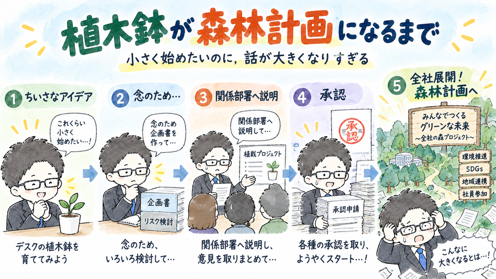 小さな植木鉢を育てるような小規模な試みが,「念のため」の確認や関係部署への説明,承認手続きによってどんどん大きな計画に膨らみ,最終的に全社規模の森林計画のようになってしまう流れを描いた水彩風インフォグラフィック