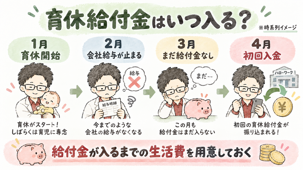 1月に育休を開始し,2月に会社給与が止まり,3月も給付金が入らず,4月に初回入金される仮想的な時系列を示した図解