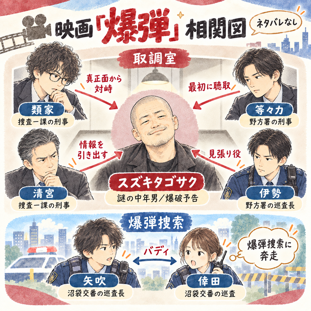 映画『爆弾』の人物相関図.スズキタゴサクと類家・清宮・等々力・伊勢,爆弾捜索をする矢吹と倖田の関係