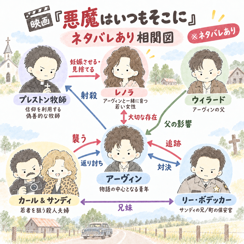 映画『悪魔はいつもそこに』のネタバレあり人物相関図.アーヴィン,レノラ,プレストン牧師,ウィラード,カールとサンディ,リー・ボデッカーの関係と,妊娠,射殺,追跡,返り討ちなどの展開を整理した図
