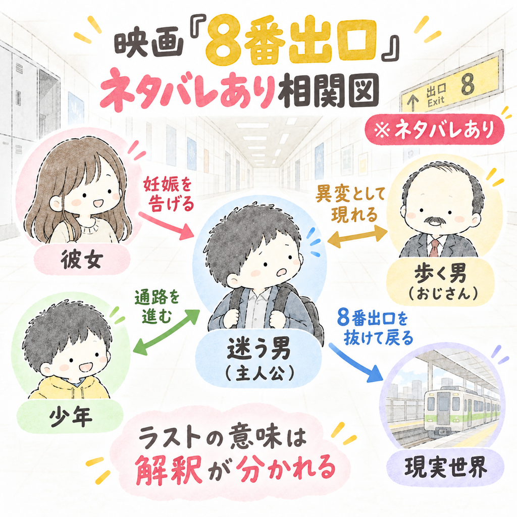 映画『8番出口』のネタバレあり人物相関図.迷う男,少年,歩く男,彼女と,8番出口脱出後の現実世界までの関係を整理した図