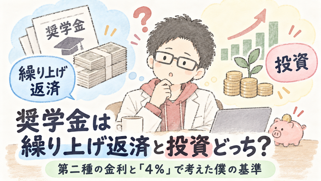 手描き風のやさしいタッチで，奨学金の繰り上げ返済と投資を比較するアイキャッチ。中央でメガネの男性が悩む表情を見せ，左に「繰り上げ返済」と奨学金書類・札束，右に「投資」とコイン・芽・上昇グラフを配置。下部に「奨学金は繰り上げ返済と投資どっち？ 第二種の金利と『4％』で考えた僕の基準」と書かれている。