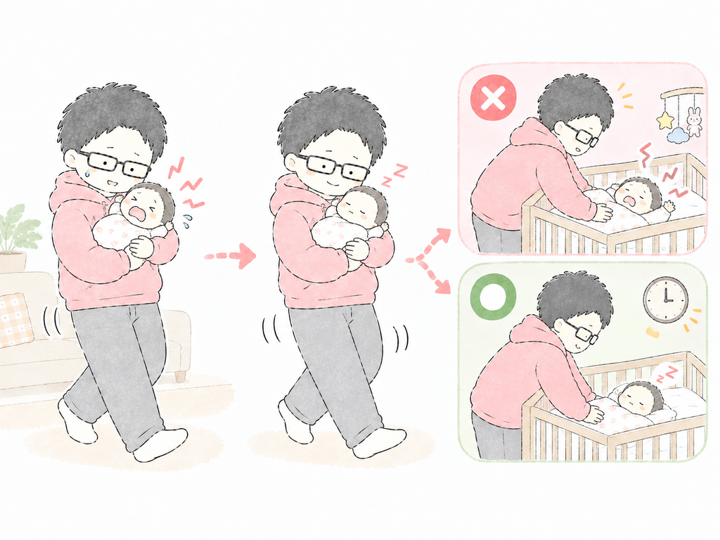 1. 赤ちゃんが眠ってすぐ置く場合と，少し待ってから置く場合を比較した寝かしつけのイラスト
