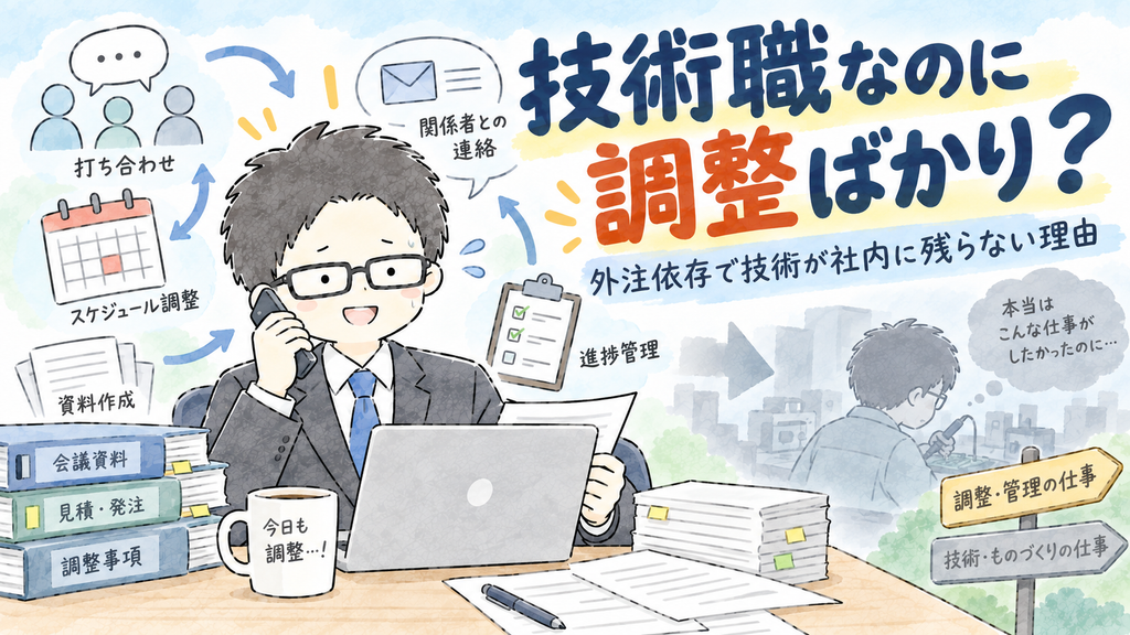 黒髪メガネの技術職男性が電話や資料対応に追われる中，「技術職なのに調整ばかり？」という大きな文字とともに，外注依存で技術が社内に残らない状況を表した水彩風イラスト
