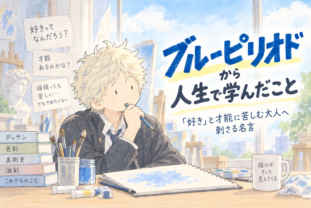 『ブルーピリオド』から人生で学んだこと．美術室で絵を描きながら，「好き」と才能について考える矢口八虎のイラスト