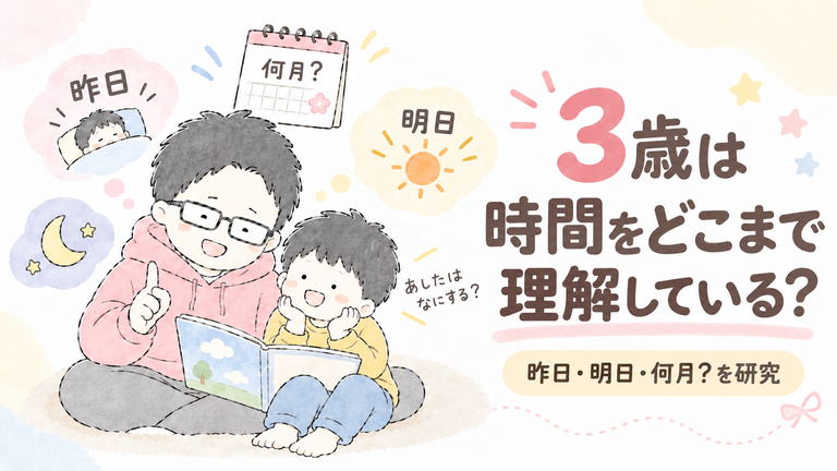 3歳の子どもが父親と一緒に絵本を読みながら，「昨日」「明日」「何月？」など時間に関する言葉を考えている様子を描いたイラスト