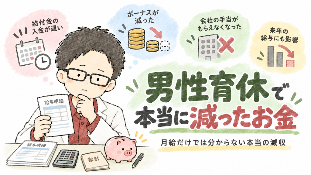男性育休による給付金の入金遅れ，賞与減額，会社独自手当の停止，翌年給与への影響について，給与明細と家計簿を見ながら考える父親のイラスト ALTをコピー