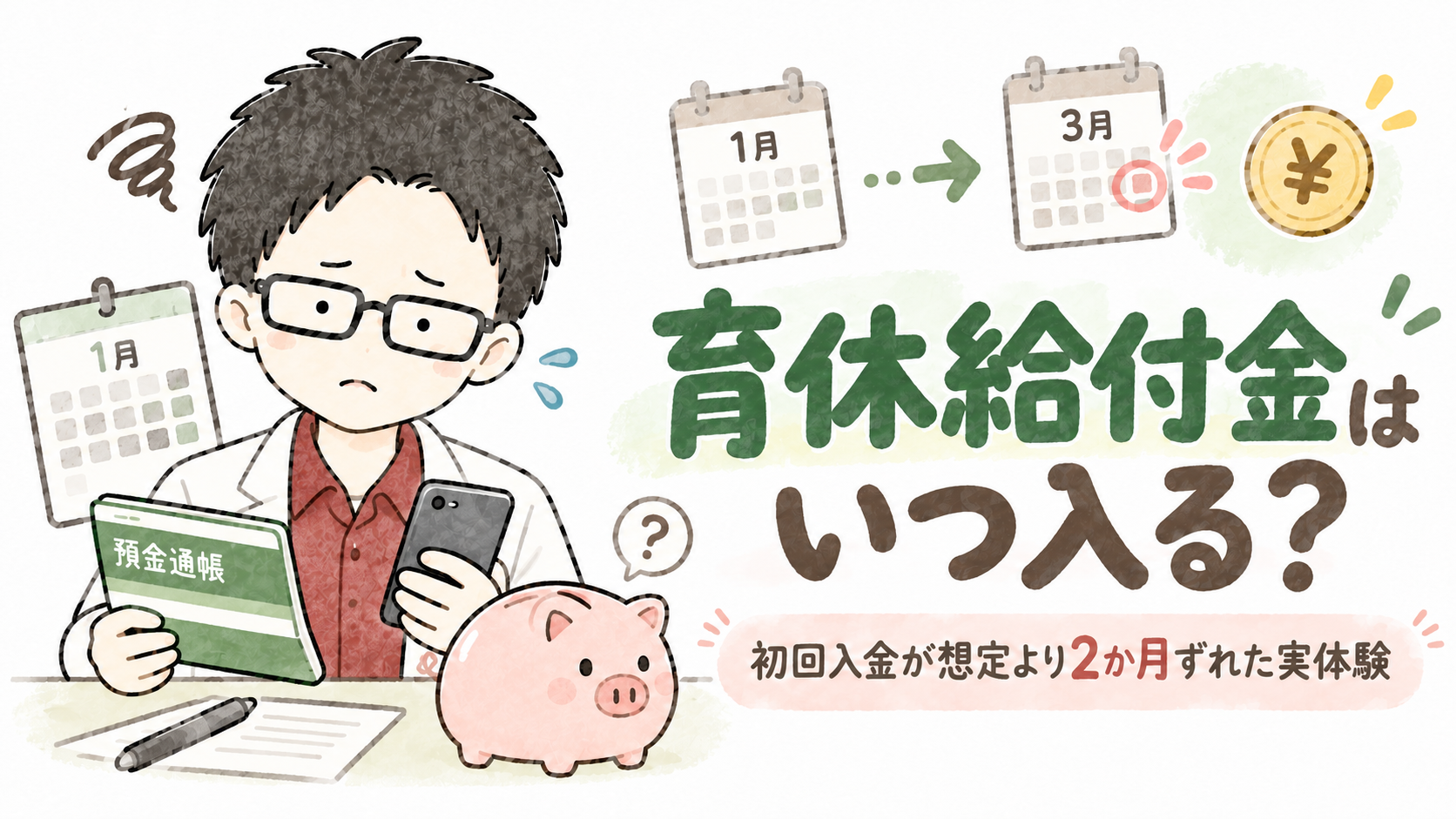 育休給付金の初回入金が想定より2か月遅れ，預金通帳とスマートフォンを見ながら入金時期を確認する父親のイラスト